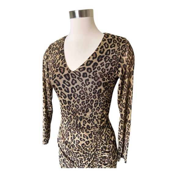 Taylor Stretch Mesh Animal Print Midi Dress Sz 4 Ruched Split - Picture 6 of 7